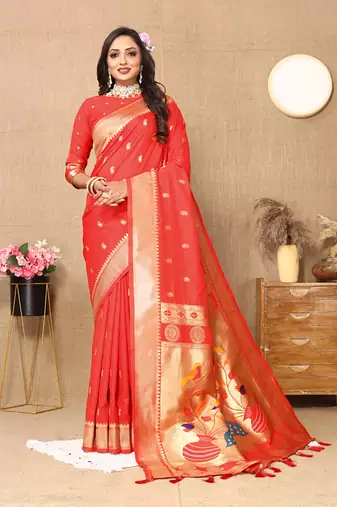 Red Soft Paithani Silk Woven Design Rich Zari Meenakari Weaving Saree