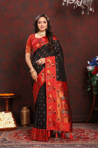 Black Soft Paithani Silk Woven Design Rich Zari Meenakari Weaving Saree