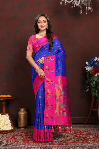 Blue Soft Paithani Silk Woven Design Rich Zari Meenakari Weaving Saree