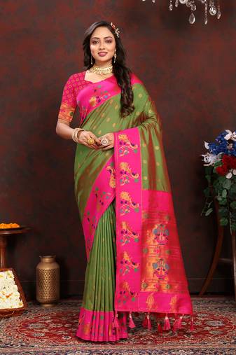 Green Soft Paithani Silk Woven Design Rich Zari Meenakari Weaving Saree