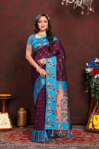 Wine Soft Paithani Silk Woven Design Rich Zari Meenakari Weaving Saree