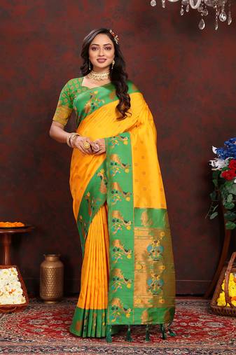Yellow Soft Paithani Silk Woven Design Rich Zari Meenakari Weaving Saree