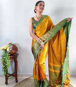 Yellow green woven aura cotton kanjivaram silk blend Saree with blouse piece