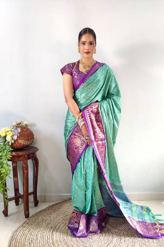 Aqua woven aura cotton kanjivaram silk blend Saree with blouse piece