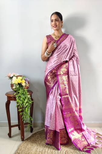 Pink woven aura cotton kanjivaram silk blend Saree with blouse piece