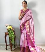 Pink woven aura cotton kanjivaram silk blend Saree with blouse piece