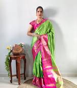 Green woven aura cotton kanjivaram silk blend Saree with blouse piece
