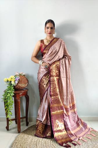 Peach woven aura cotton kanjivaram silk blend Saree with blouse piece