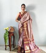 Peach woven aura cotton kanjivaram silk blend Saree with blouse piece