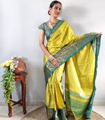 Aqua woven aura cotton kanjivaram silk blend Saree with blouse piece