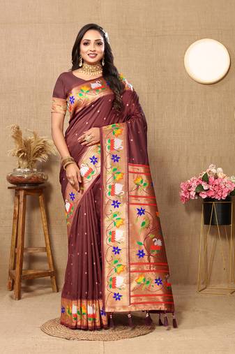 Brown Soft Paithani Silk Woven Design Rich Zari Meenakari Weaving Saree