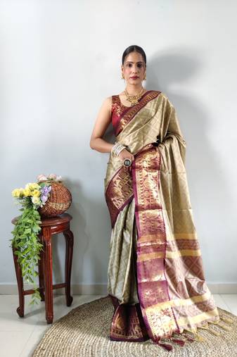 Beige woven aura cotton kanjivaram silk blend Saree with blouse piece