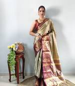 Beige woven aura cotton kanjivaram silk blend Saree with blouse piece