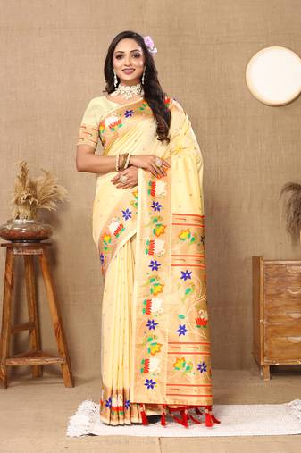 Cream Soft Paithani Silk Woven Design Rich Zari Meenakari Weaving Saree