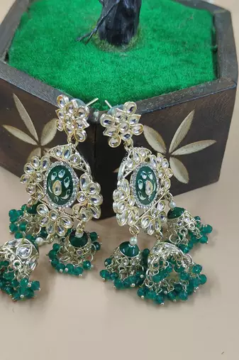   Long earrings with meenakari design and hanging pearls, traditional earrings