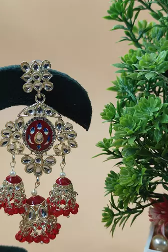   Long earrings with meenakari design and hanging pearls, traditional earrings