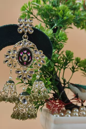   Long earrings with meenakari design and hanging pearls, traditional earrings