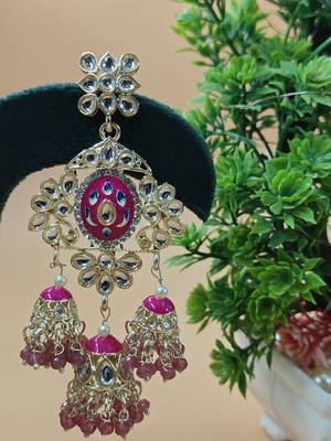   Long earrings with meenakari design and hanging pearls, traditional earrings 4