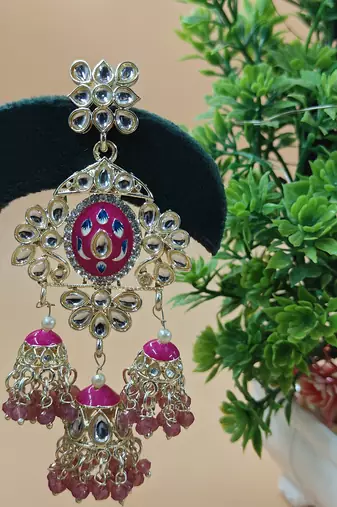   Long earrings with meenakari design and hanging pearls, traditional earrings