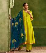 Dresoul yellow anarkali and digital print embroidery set