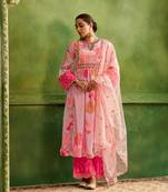 Dresoul light pink embroidered hand work kurta set with pink sequined embroidered dupatta