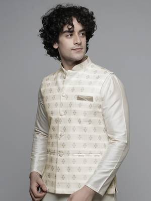 Maahi fabs mens diamond design motifs cotton blend bespoke fawn nehru jacket for wedding & party wear 1
