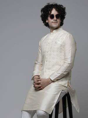 Maahi fabs mens abstract design motifs cotton blend bespoke cream nehru jacket for wedding & party wear 1