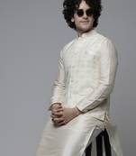 Maahi fabs mens abstract design motifs cotton blend bespoke cream nehru jacket for wedding & party wear
