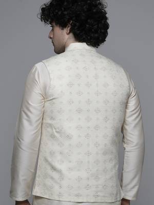 Maahi fabs mens abstract design motifs cotton blend bespoke cream nehru jacket for wedding & party wear 2