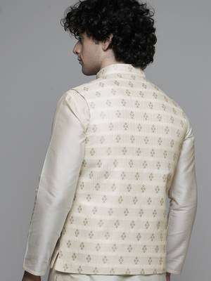 Maahi fabs mens diamond design motifs cotton blend bespoke fawn nehru jacket for wedding & party wear 2