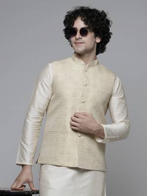 Maahi fabs mens abstract design motifs cotton blend bespoke fawn nehru jacket for wedding & party wear 1