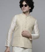Maahi fabs mens abstract design motifs cotton blend bespoke fawn nehru jacket for wedding & party wear