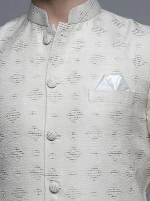 Maahi fabs mens abstract design motifs cotton blend bespoke cream nehru jacket for wedding & party wear 3