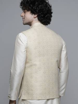 Maahi fabs mens abstract design motifs cotton blend bespoke fawn nehru jacket for wedding & party wear 2