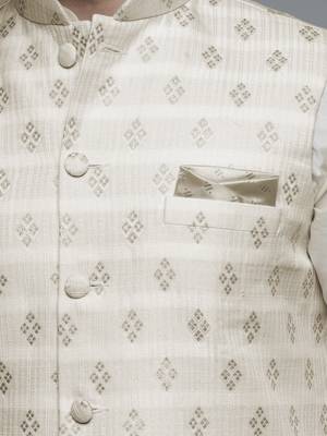Maahi fabs mens diamond design motifs cotton blend bespoke fawn nehru jacket for wedding & party wear 3