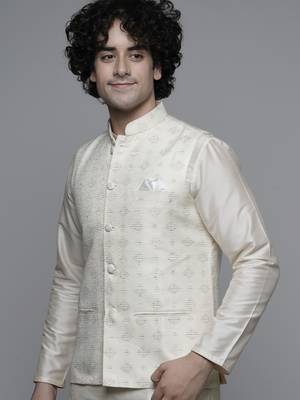 Maahi fabs mens abstract design motifs cotton blend bespoke cream nehru jacket for wedding & party wear 4