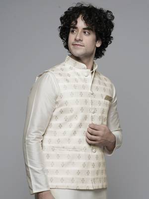 Maahi fabs mens diamond design motifs cotton blend bespoke fawn nehru jacket for wedding & party wear 4