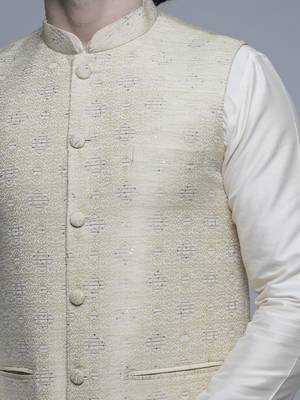 Maahi fabs mens abstract design motifs cotton blend bespoke fawn nehru jacket for wedding & party wear 3