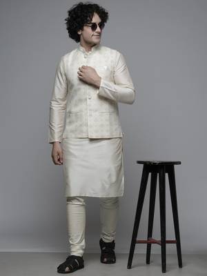 Maahi fabs mens abstract design motifs cotton blend bespoke cream nehru jacket for wedding & party wear 5