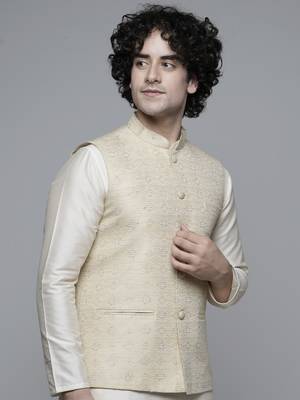 Maahi fabs mens abstract design motifs cotton blend bespoke fawn nehru jacket for wedding & party wear 4
