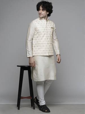 Maahi fabs mens diamond design motifs cotton blend bespoke fawn nehru jacket for wedding & party wear 5
