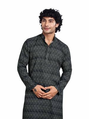 Vardha men's digital printed cotton kurta, coal black ogee pattern regular fit kurtas for men, mandarin collar 1