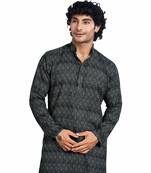 Vardha men's digital printed cotton kurta, coal black ogee pattern regular fit kurtas for men, mandarin collar