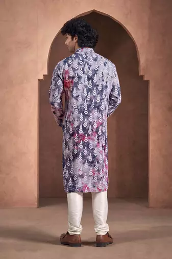 Vardha men's viscose stitched kurta, flowy leaf pattern shibori dyed ethnic kurtas for men, mandarin collar long kurta's