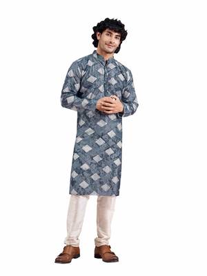 Vardha men's viscose sequence slim kurta  with block print, shibori dyed kurtas for men, mandarin collar long kurta's 1