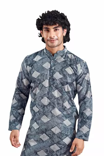 Vardha men's viscose sequence slim kurta  with block print, shibori dyed kurtas for men, mandarin collar long kurta's
