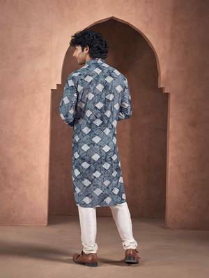 Vardha men's viscose sequence slim kurta  with block print, shibori dyed kurtas for men, mandarin collar long kurta's 4