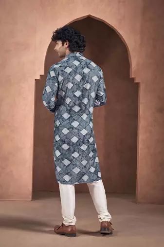 Vardha men's viscose sequence slim kurta  with block print, shibori dyed kurtas for men, mandarin collar long kurta's