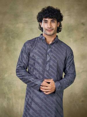 Vardha men's viscose sequence readymade kurta for men - sequins embroidery,  mandarin collar design blue long kurta's 1