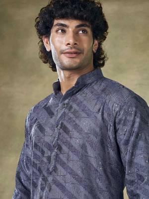 Vardha men's viscose sequence readymade kurta for men - sequins embroidery,  mandarin collar design blue long kurta's 2